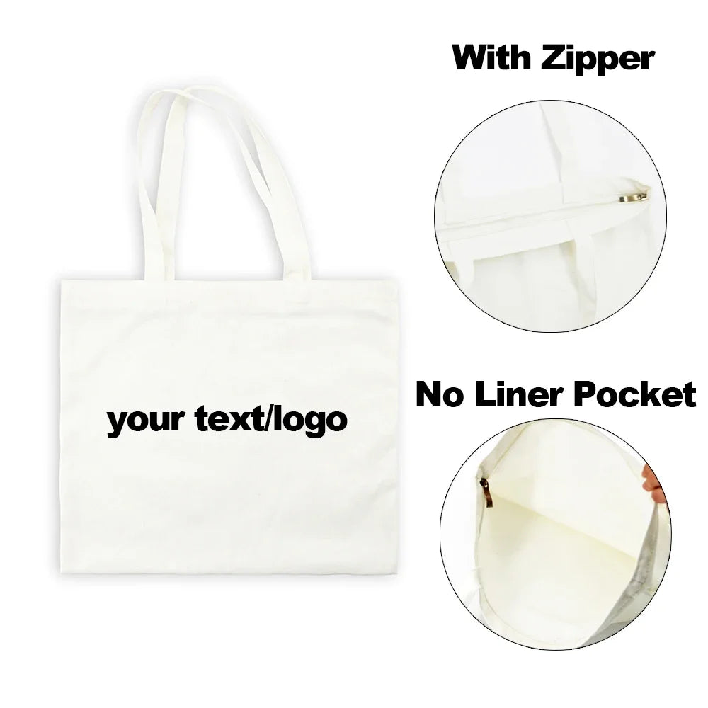 Fashion Custom Bags with Zippered Shopping Tote Bag for Women Eco Reusable Canvas Bags Black White Beige