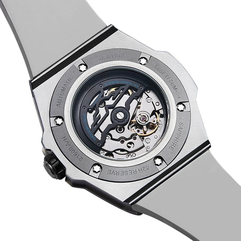 Mechanical Watch for Men Fashion Military Sport Analog Automatic Wristwatch with Silicone Strap Stainless Steel Waterproof Reloj