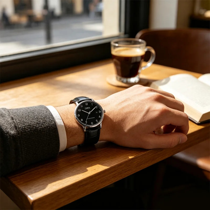 Timex Retro Business Men's Automatic Mechanical Watch, with a Transparent Back Cover and Leather Strap for the Wrist.