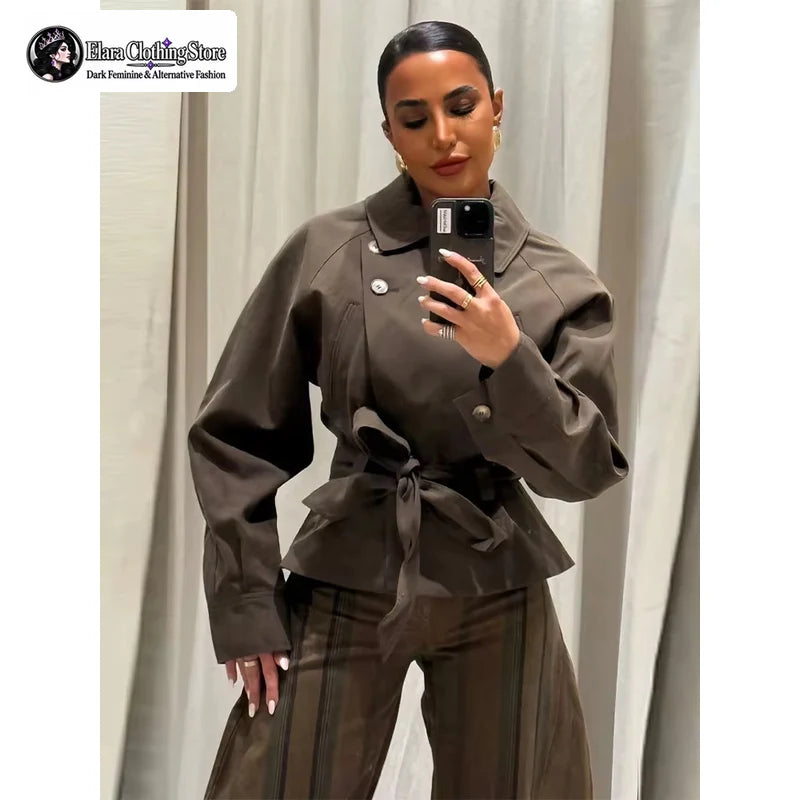 Elara 2026 New Y2k Style Fashionable Stand Up Collar Slanted Button Women's Jacket Long Sleeved Waist Cinched Top with Tie Up