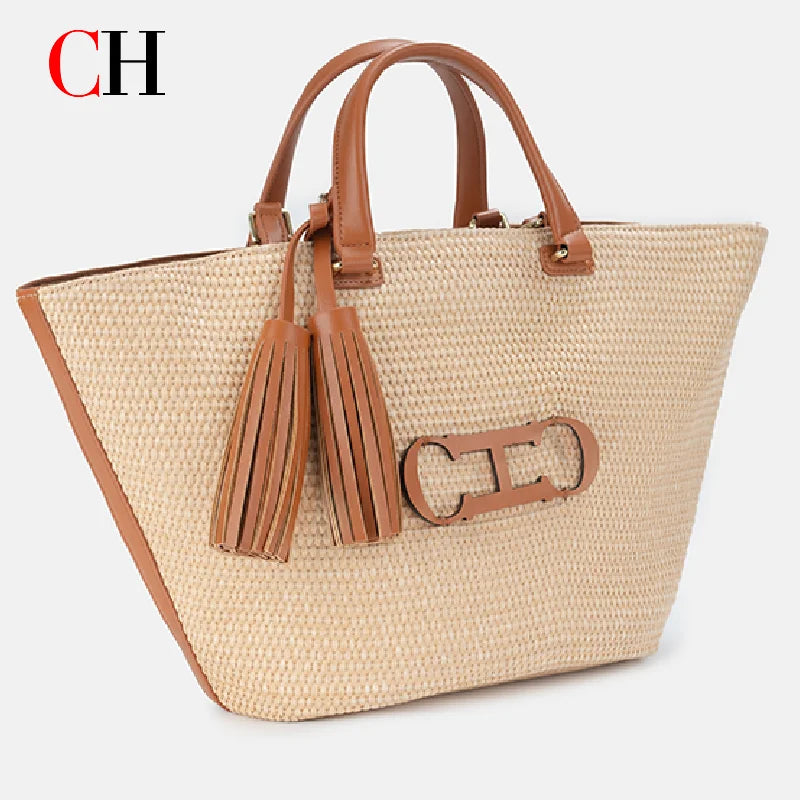 CH Women Straw Tote Bag Large Capacity Woven Raffia Handbag with Tassel Leather Handles Summer Beach Vacation Shoulder Bag