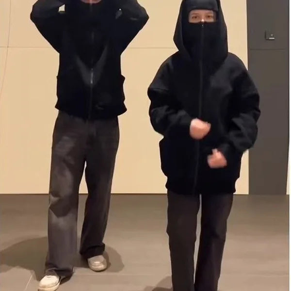 Unisex Gothic Double Hooded Sweatshirt – Y2K Harajuku Style Zip-Up Hoodie with Balaclava Mask