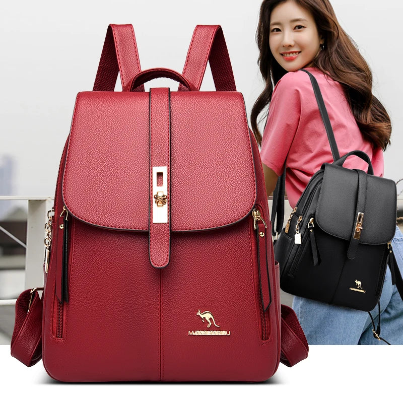 Women's Vintage Leather Backpack – Casual Black Daypack for School and Everyday Use