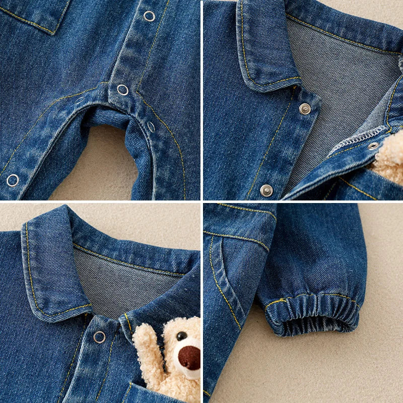 Spring Denim Baby Jumpsuit Cartoon Pocket Bear Romper for Boys Girls Newborn Overalls Korean Style Onesie Autumn Kids Clothing