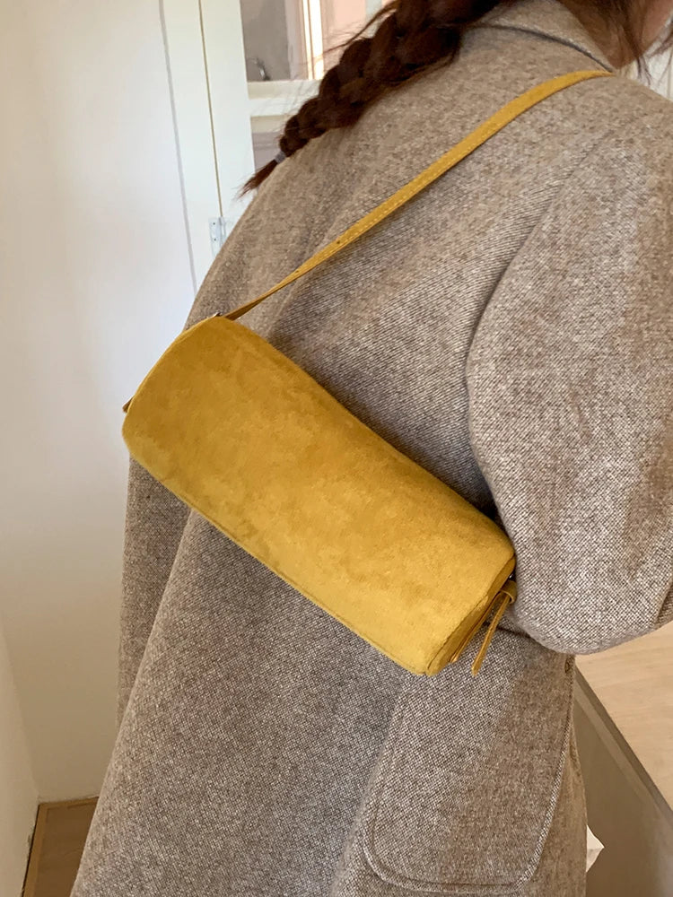 Solid Color Suede Frosted Cylindrical Bag Fashion Large Capacity Women Shoulder Bags Trendy Commuting Shopping Crossbody Pack