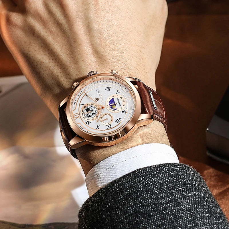 New Mens Watches LIGE Top Brand Leather Chronograph Waterproof Sport Automatic Date Quartz Watch For Men Relogio Masculino