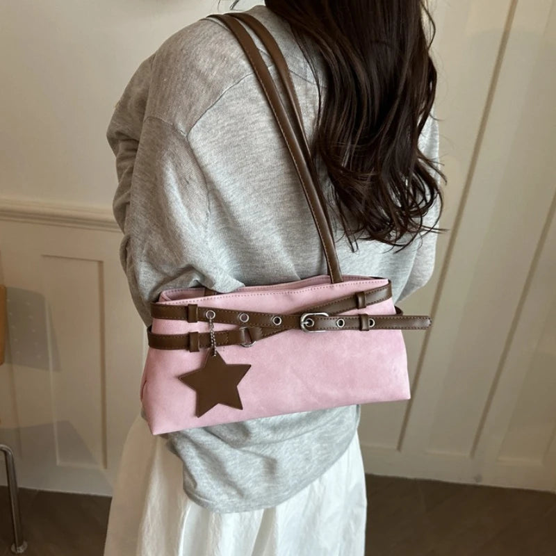 Fashion Suede Shoulder Bag for Women, Cute Five Pointed Star Pendant, Retro Y2K Tote Bag for Daily Commuter ,Simple Underarm Bag
