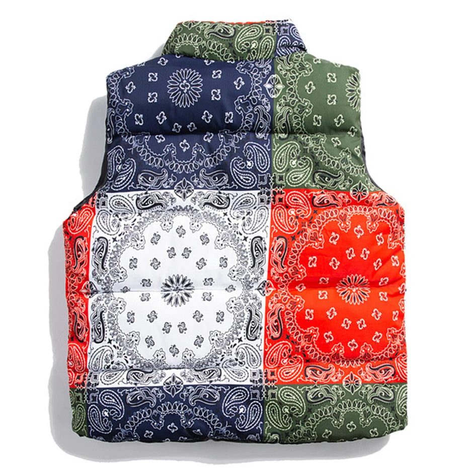 Men's Paisley Bandana Puffer Vest – Thick Warm Padded Sleeveless Jacket, Hip-Hop Streetwear