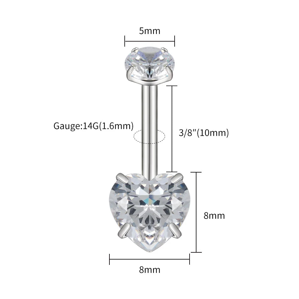 14G Titanium Heart CZ Belly Button Ring – Curved Barbell Navel Piercing