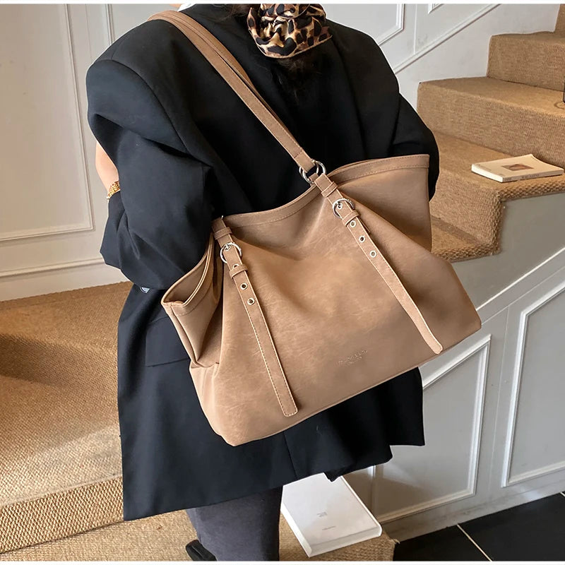 Korean Large Capacity Tote Bag Women Suede Shoulder Crossbody Bag Belt Buckle Design Minimalist Solid Color Zipper Underarm Bag