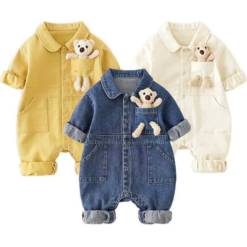Spring Denim Baby Jumpsuit Cartoon Pocket Bear Romper for Boys Girls Newborn Overalls Korean Style Onesie Autumn Kids Clothing