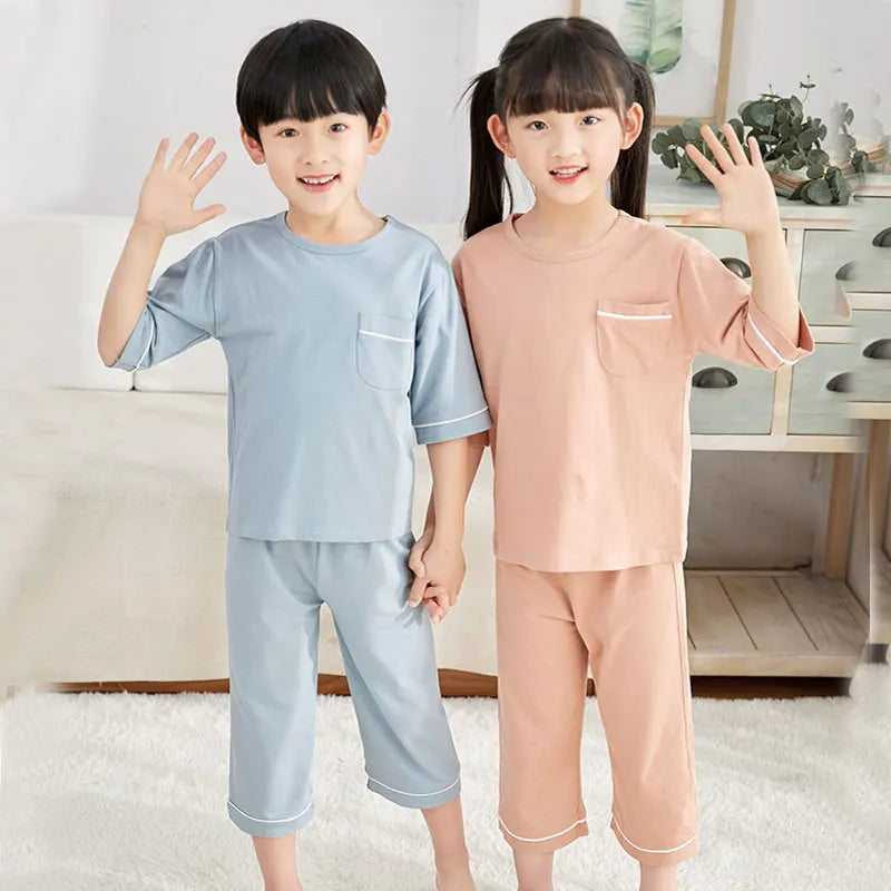 Teenage Boys Girls Pajamas Summer Short Sleeved Children's Clothing Sleepwear Cotton Pyjamas Sets For Kids 8 10 12 14 16 Years
