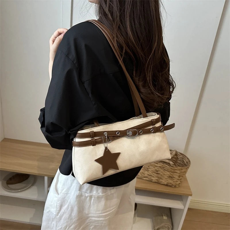 Fashion Suede Shoulder Bag for Women, Cute Five Pointed Star Pendant, Retro Y2K Tote Bag for Daily Commuter ,Simple Underarm Bag