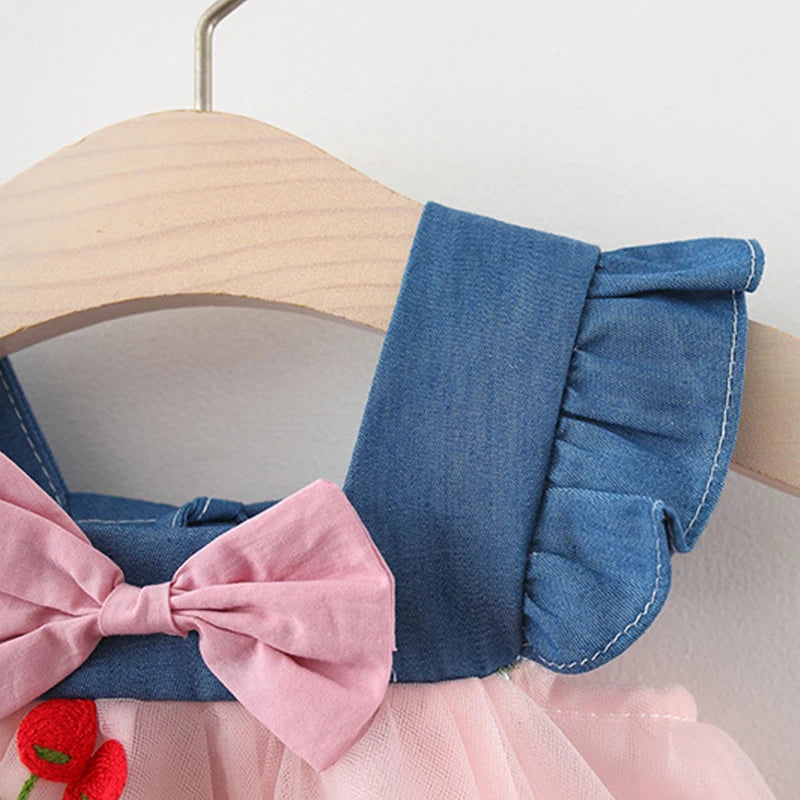 Baby Girl Princess Dress Summer New Red Cherry Chiffon Children'S Clothing (9 Months -3 Years Old)