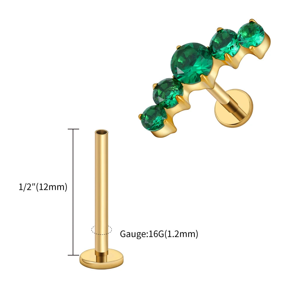 16G Titanium CZ Cluster Labret Stud – Curved Bar Flat Back Cartilage Earring