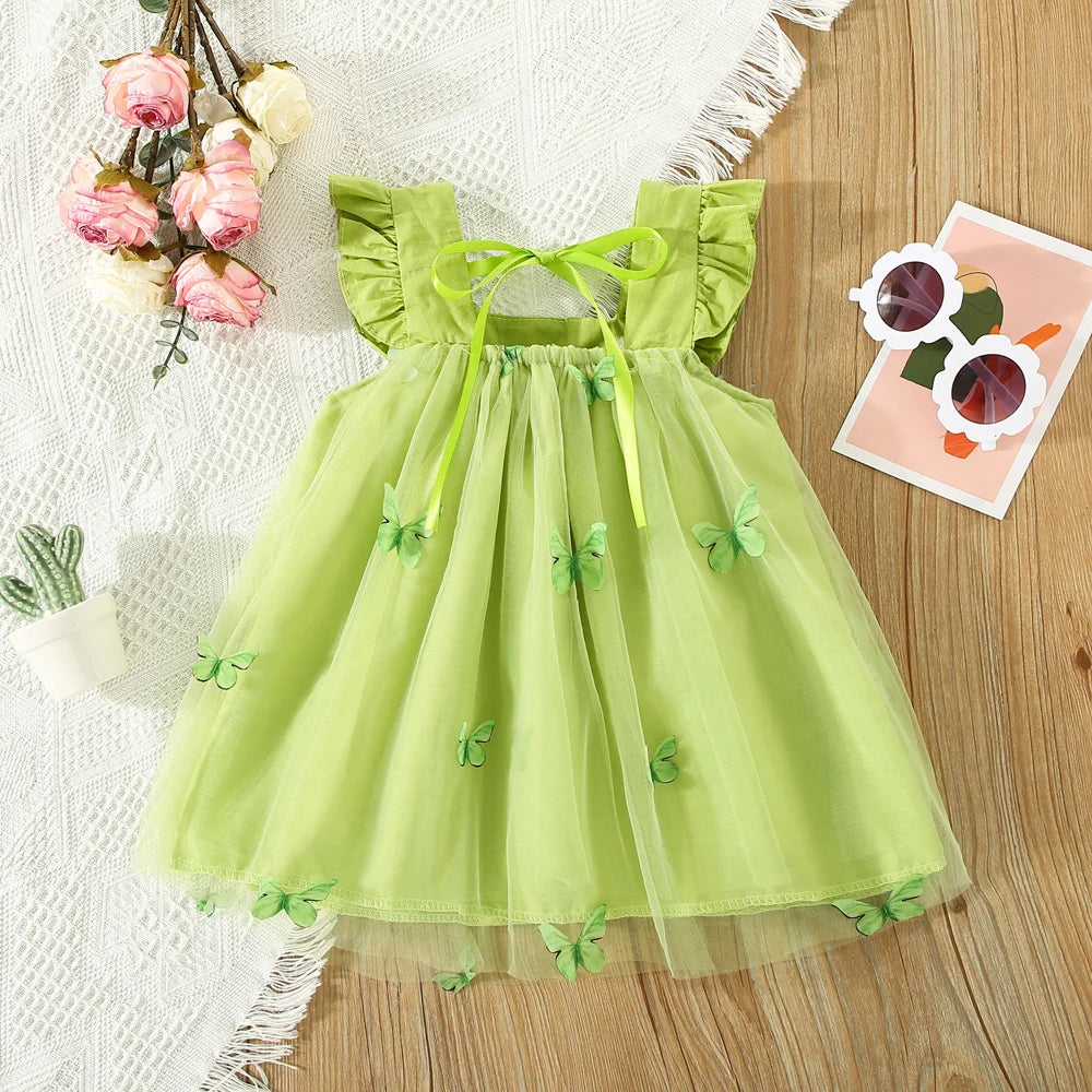 Summer Baby Girl Dress Girls Green Butterfly Mesh Princess Dress Children Birthday Party Clothing