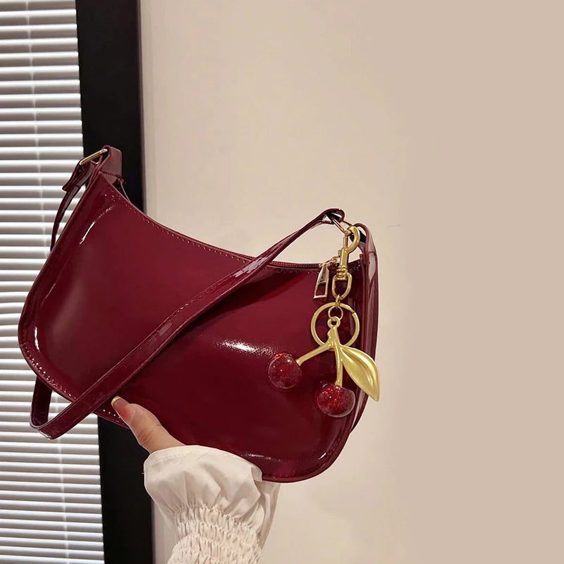 Women's PU Leather Shoulder Bag – Solid Color Handbag with Cherry Pendant