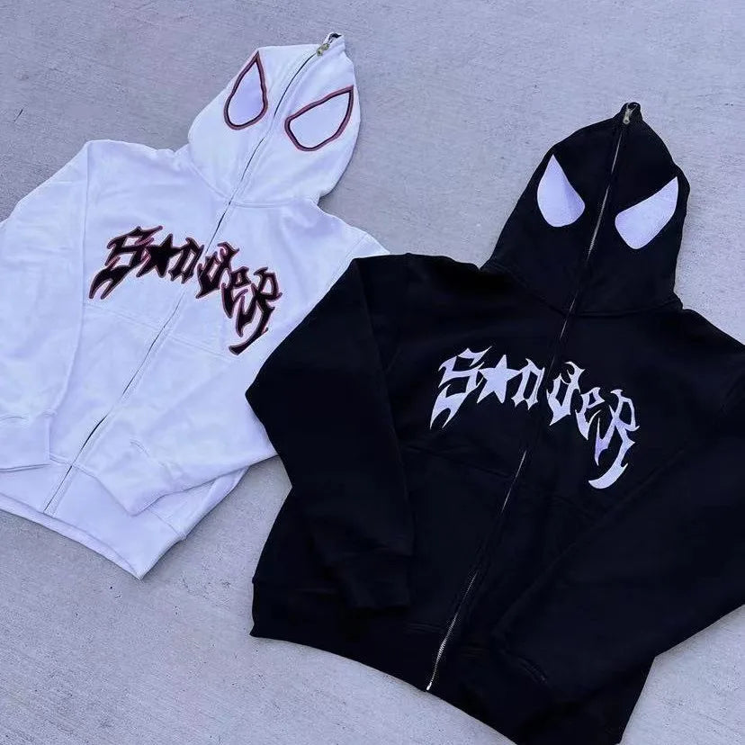 Unisex Spider Graphic Zip-Up Hoodie – Oversized Gothic Y2K Streetwear Jacket