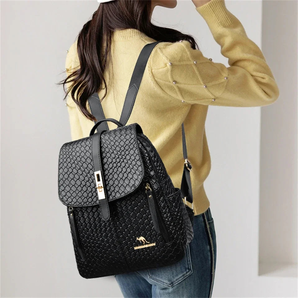 Women's Vintage Leather Backpack – Classic Black Everyday Daypack