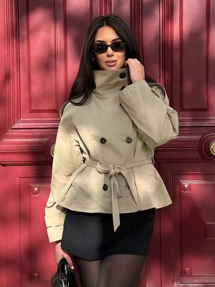 HH Women New Fashion Solid Pockets Double-breasted Lace-up Trench Coat Long Sleeve Women Autumn Casual Street Short Coat