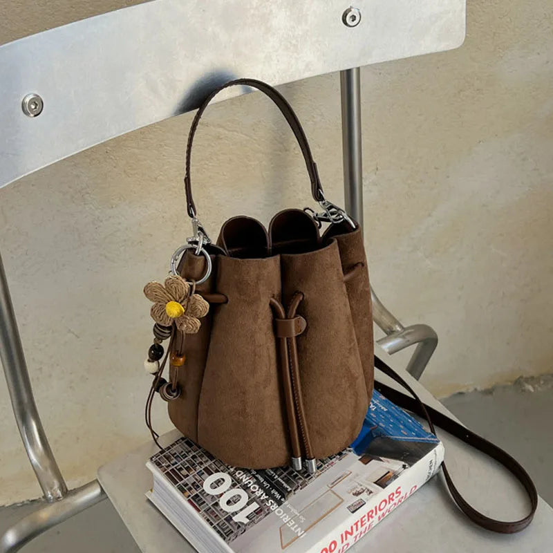 Faux Suede Flower Petal Bucket Bag for Women New Autumn Vintage Maillard Party Handbags Commuter Shoulder Crossbody Bags