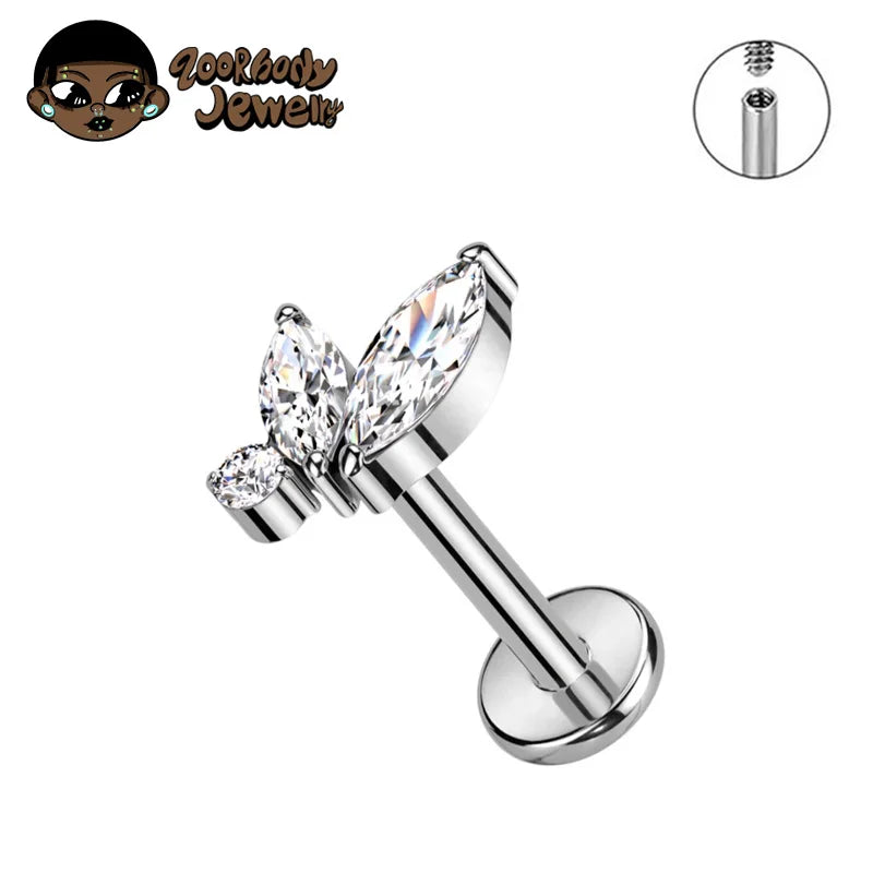 Titanium Triple Marquise CZ Labret Piercing – Internal Thread Lip, Tragus & Helix Jewelry