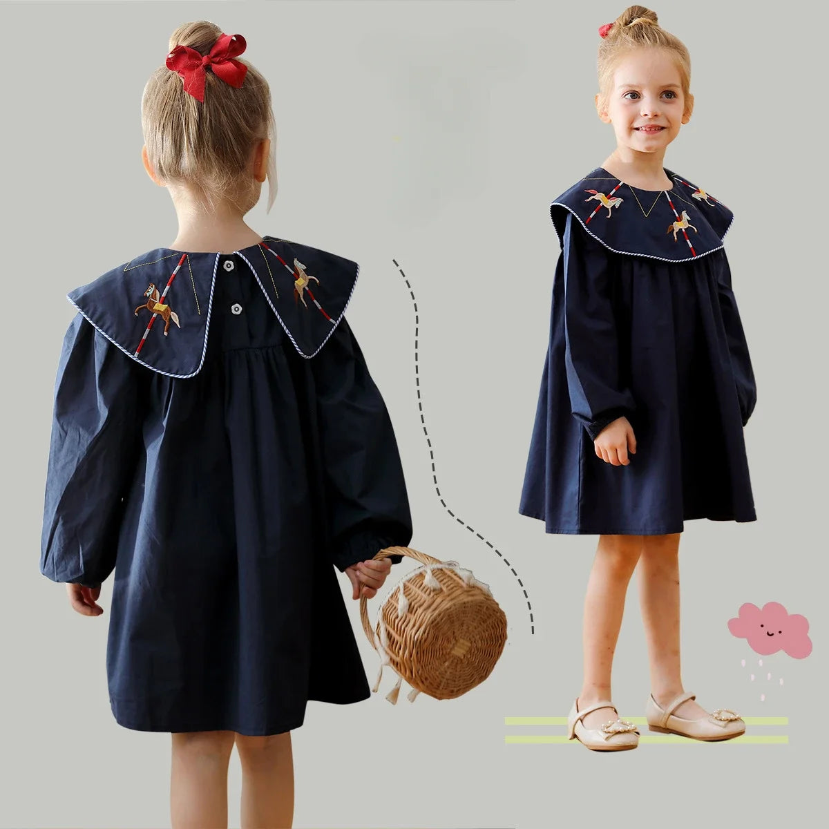 2025 Autumn Carousel Embroidery Lapel Long Sleeved Girls' Dress Clothing Spring Campus Navy Style Children's Pure Cotton Dress