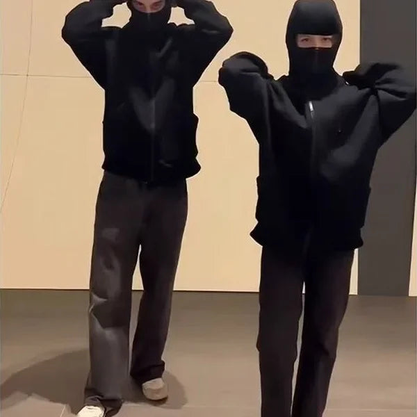 Unisex Gothic Double Hooded Sweatshirt – Y2K Harajuku Style Zip-Up Hoodie with Balaclava Mask