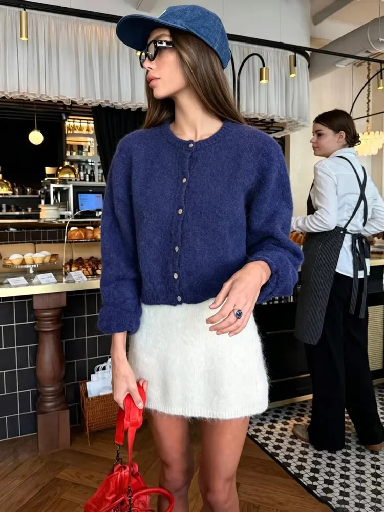 Women’s Fuzzy Knit Cropped Cardigan – Soft Button-Front Long-Sleeve Sweater