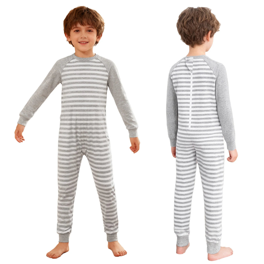 Children Special Needs Adaptive Clothing Long Sleeve Anti-Strip Back Zipper Striped Rompers Boys Girls Wearing All Day Jumpsuit
