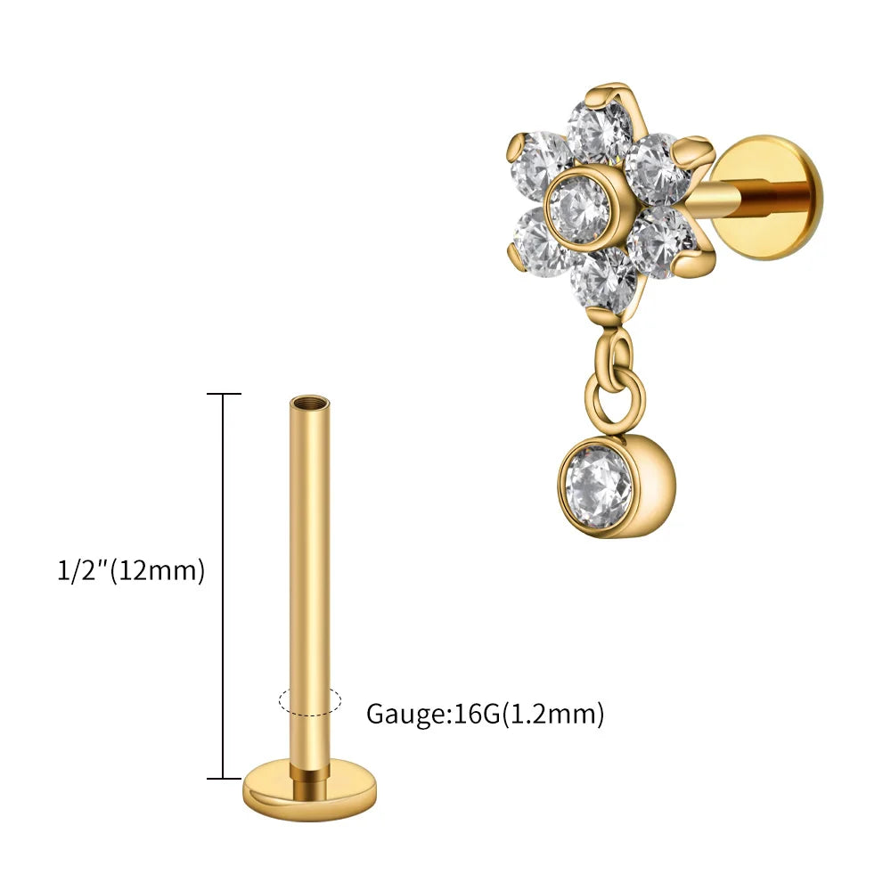 16G Titanium Flower CZ Drop Labret – Dangle Flat Back Piercing Earring