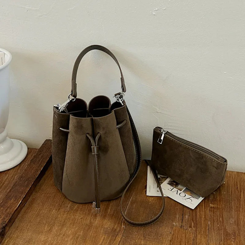 Faux Suede Flower Petal Bucket Bag for Women New Autumn Vintage Maillard Party Handbags Commuter Shoulder Crossbody Bags
