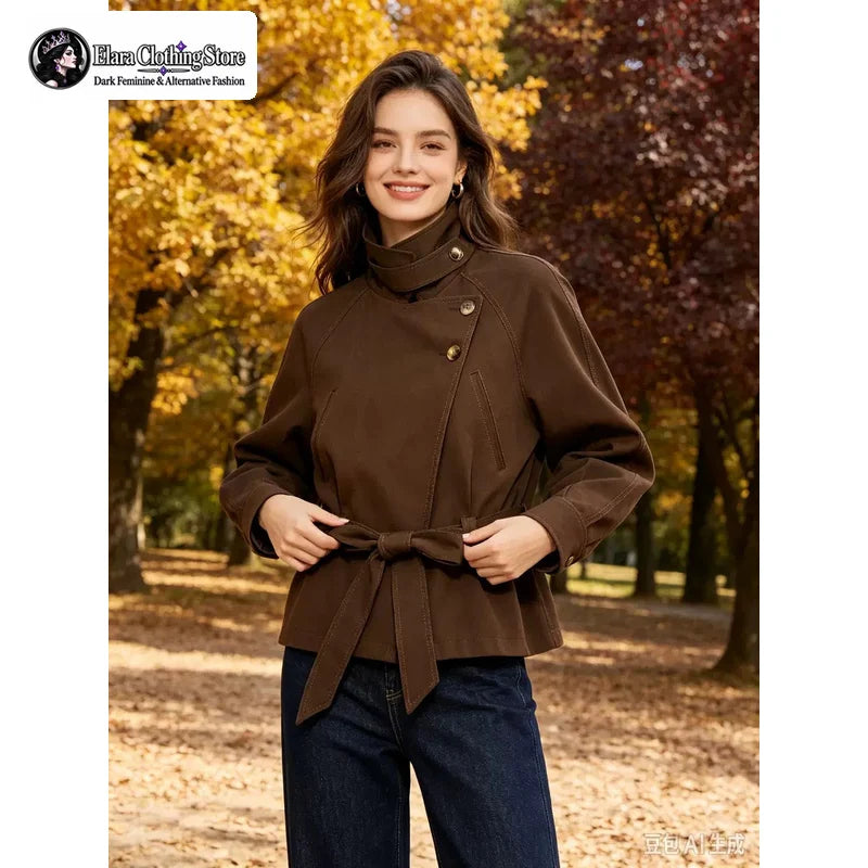 Elara 2026 New Y2k Style Fashionable Stand Up Collar Slanted Button Women's Jacket Long Sleeved Waist Cinched Top with Tie Up