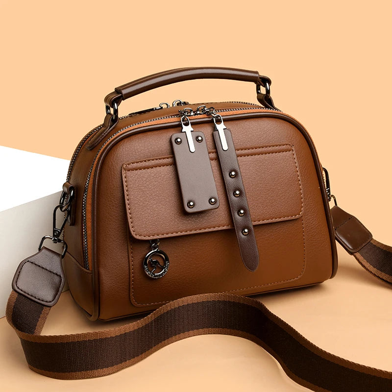 Women's Soft Leather Shoulder Bag – Large Capacity Three-Layer Crossbody Tote Handbag