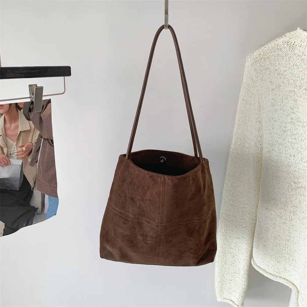 Women's Quilted Faux Suede Tote Bag – Stylish Shoulder and Bucket Handbag for Everyday Use