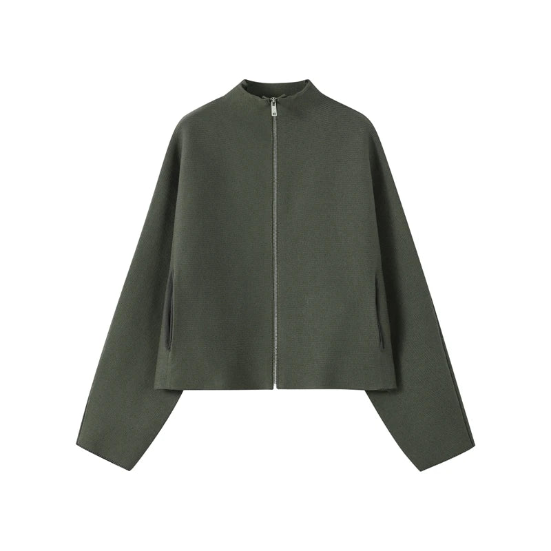 Women’s Cropped Knit Cardigan – Stand Collar Zip-Up Sweater