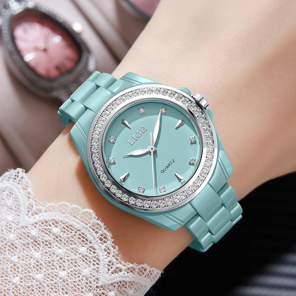 LIGE Women's Watch 2026 New Ceramic Elegant Quartz Watch Fashion Waterproof Luminous Clock Women's Wristwatch Montre Femme+BOX