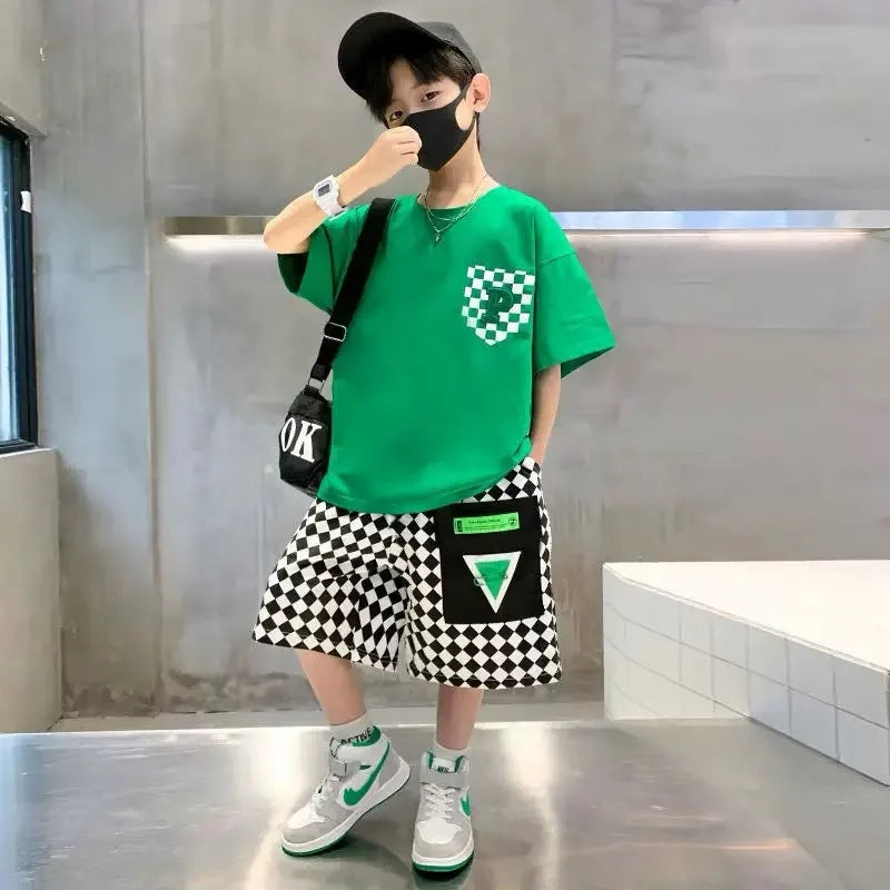 Fashion Boys Clothing Set Summer Teenage Short Sleeve Clothes Suit Letter T-shirt Plaid Shorts 2Pcs Children Loungewear Outfits