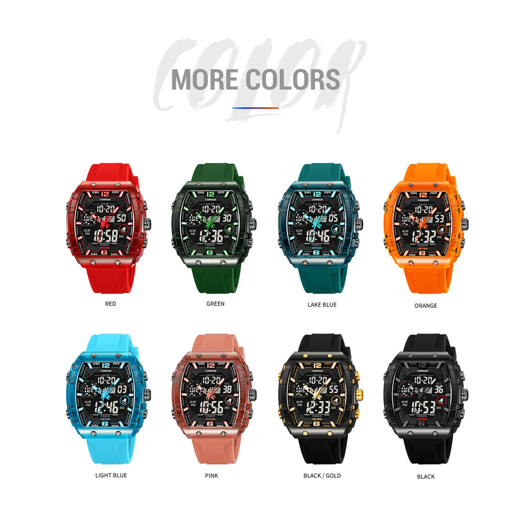 LOQNCE  98003 Male montre homme Hour Sport Watches Digital Double Time Chronograph Watch Mens LED Week Display Wristwatches