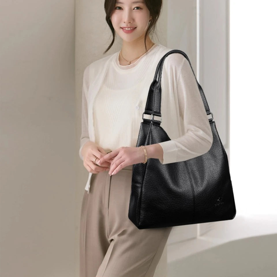 Women's Soft Leather Tote Bag – Luxury Three-Layer Shoulder Handbag