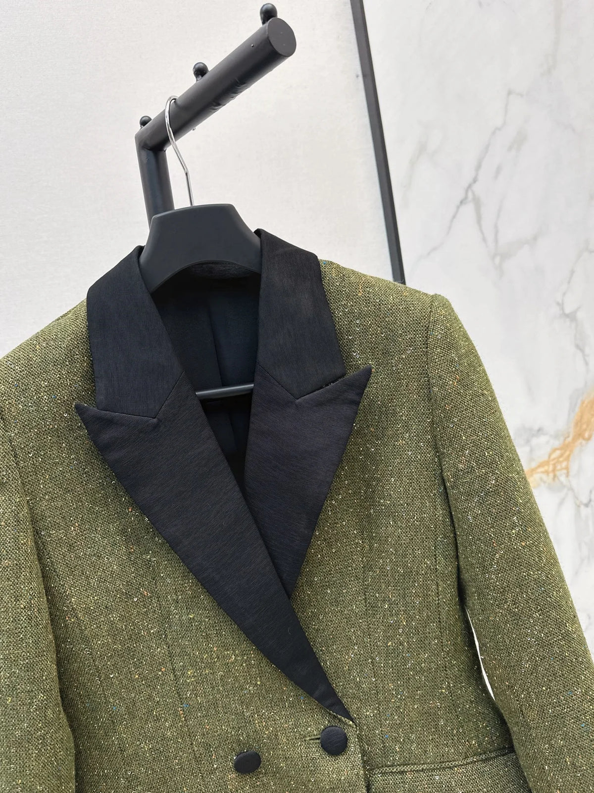 Women’s Polka Dot Tweed Blazer – Contrast Satin Collar Jacket