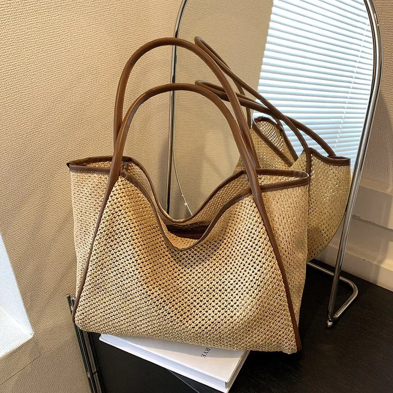 Women Summer Straw Woven Tote Bag with Small Pouch PU Trim Large Capacity Shoulder Handbags, Casual Beach Shopping Handbag Purse