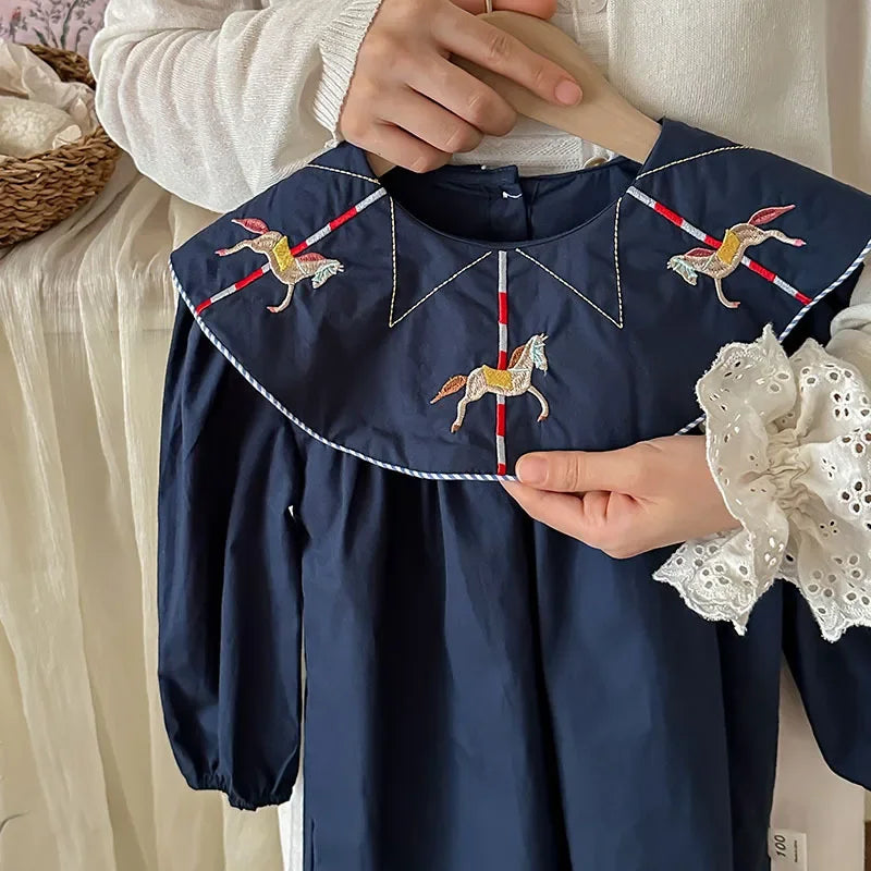 2025 Autumn Carousel Embroidery Lapel Long Sleeved Girls' Dress Clothing Spring Campus Navy Style Children's Pure Cotton Dress