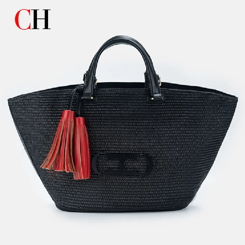 CH Women Straw Tote Bag Large Capacity Woven Raffia Handbag with Tassel Leather Handles Summer Beach Vacation Shoulder Bag