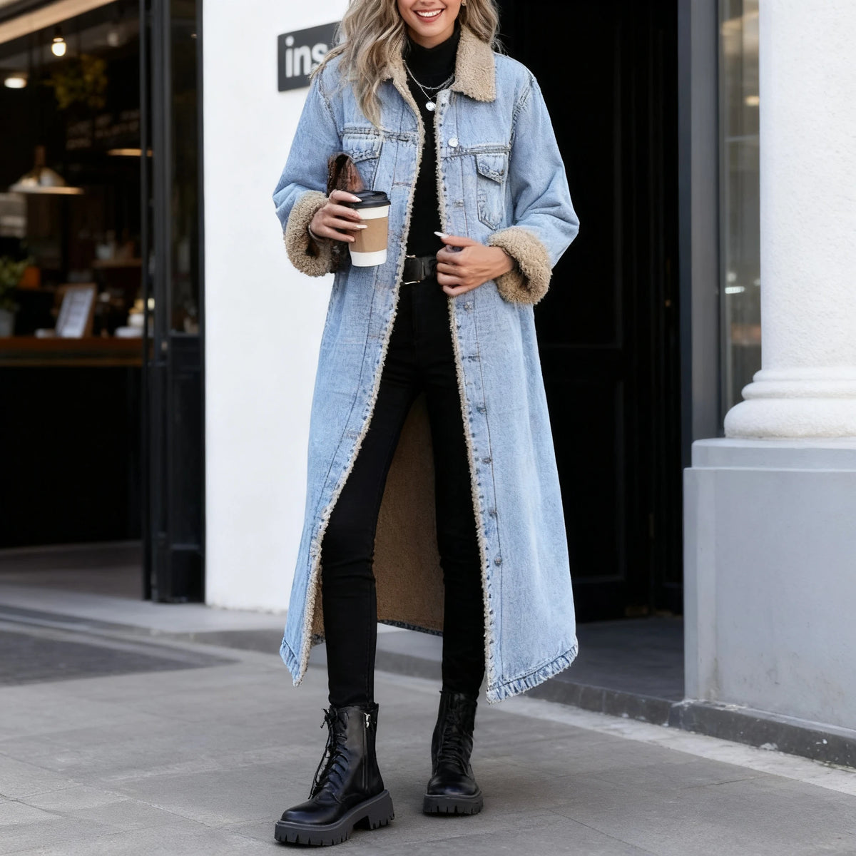Women Faux Fur Mid Length Coats Jackets Turn Down Collar Coat Thick Denim Y2k Streetwear Jacket Elegant Outerwear Autumn Winter