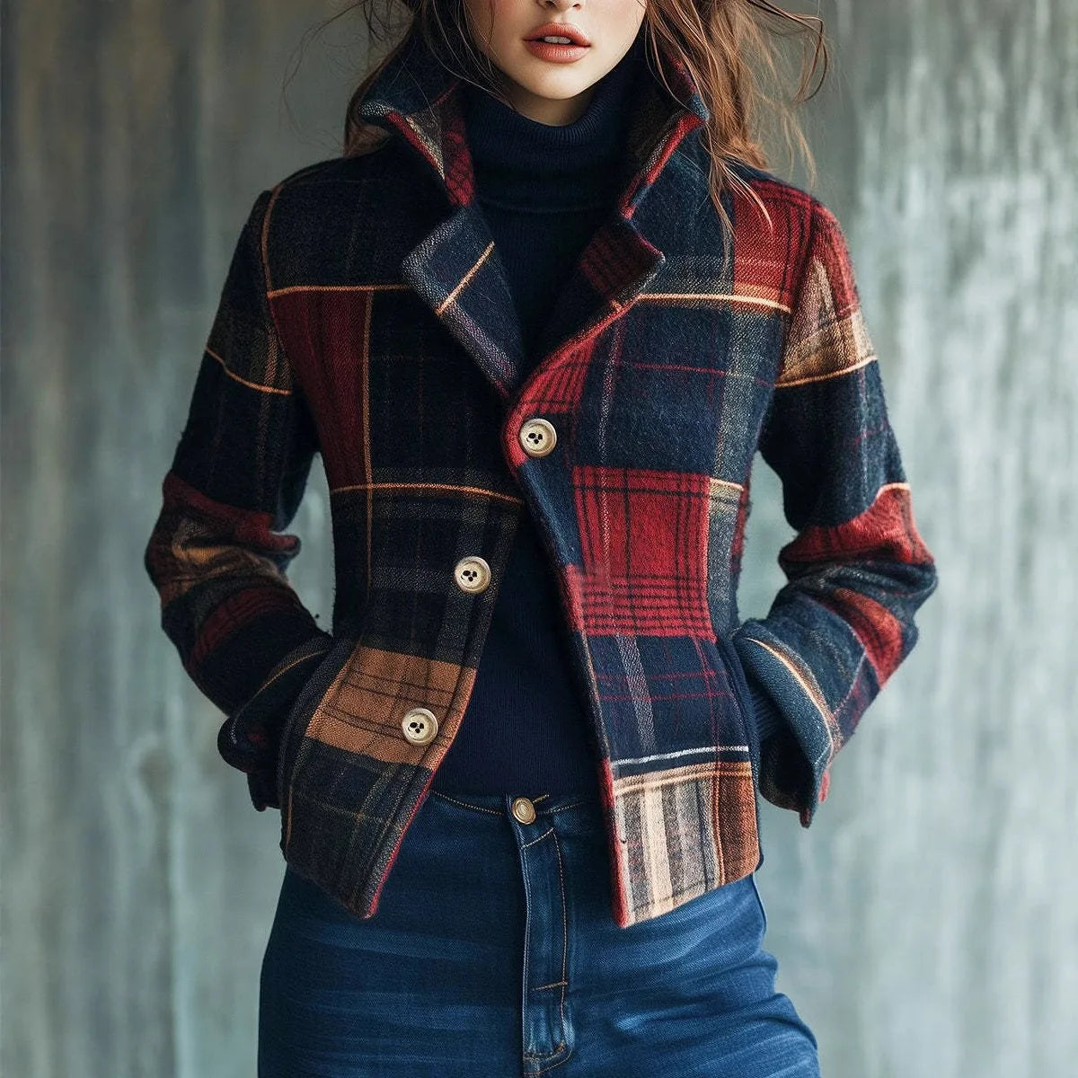 Vestes Femmes Plaid Print Women's Suit Collar Retro Warm Jacket Autumn Winter Versatile Spliced Button Suit Ropa Formal Mujer