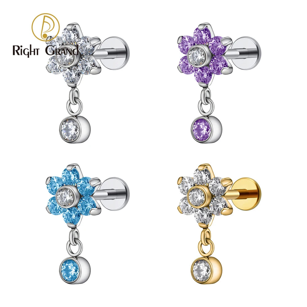 16G Titanium Flower CZ Drop Labret – Dangle Flat Back Piercing Earring