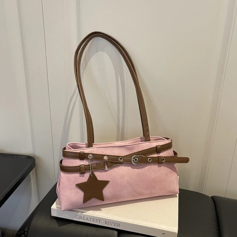 Fashion Suede Shoulder Bag for Women, Cute Five Pointed Star Pendant, Retro Y2K Tote Bag for Daily Commuter ,Simple Underarm Bag