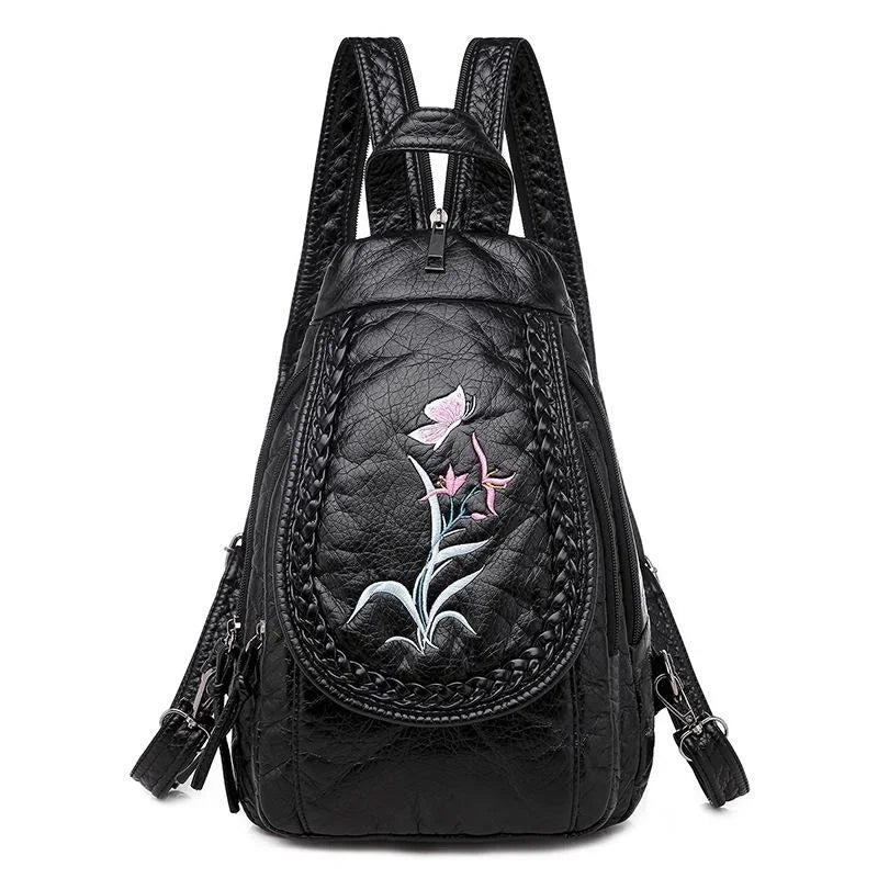 Women PU Leather Backpacks Small Travel Bag Female Soft Leather Bagpack Ladies Embroidery Backpack