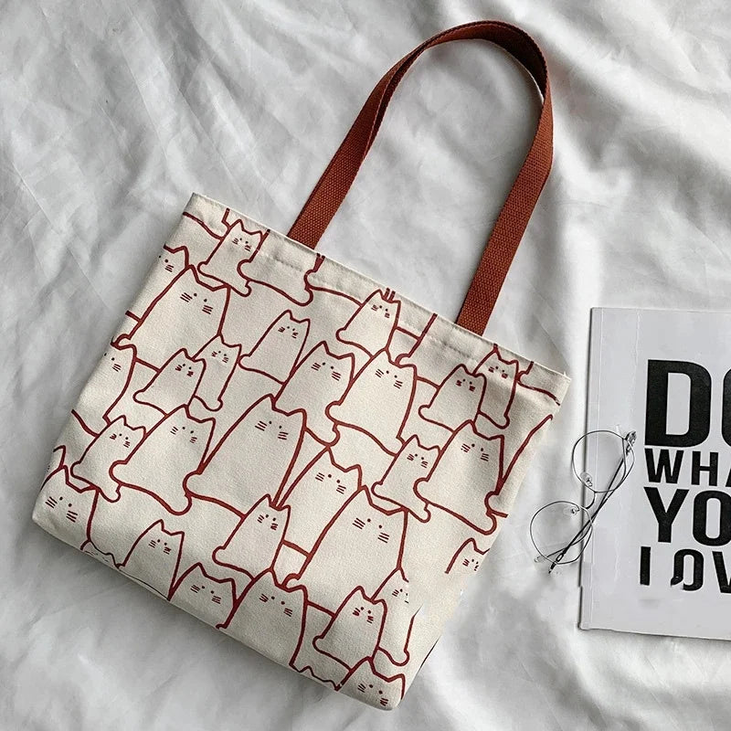 Women's Canvas Cat Tote Bag – Cute Japanese-Style Shoulder Bag with Zipper
